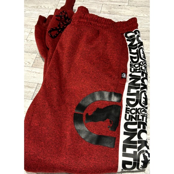 Ecko Unltd Men's Sweatpants Colorblock Puff Print Red Marled Fleece Jogger LARGE - Picture 1 of 9